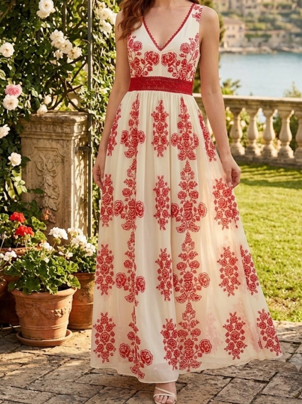 Women's Ivory Maxi Dress with Red Floral Embroidery